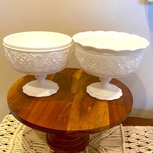2 white milk glass pedestal bowls candy dish planter